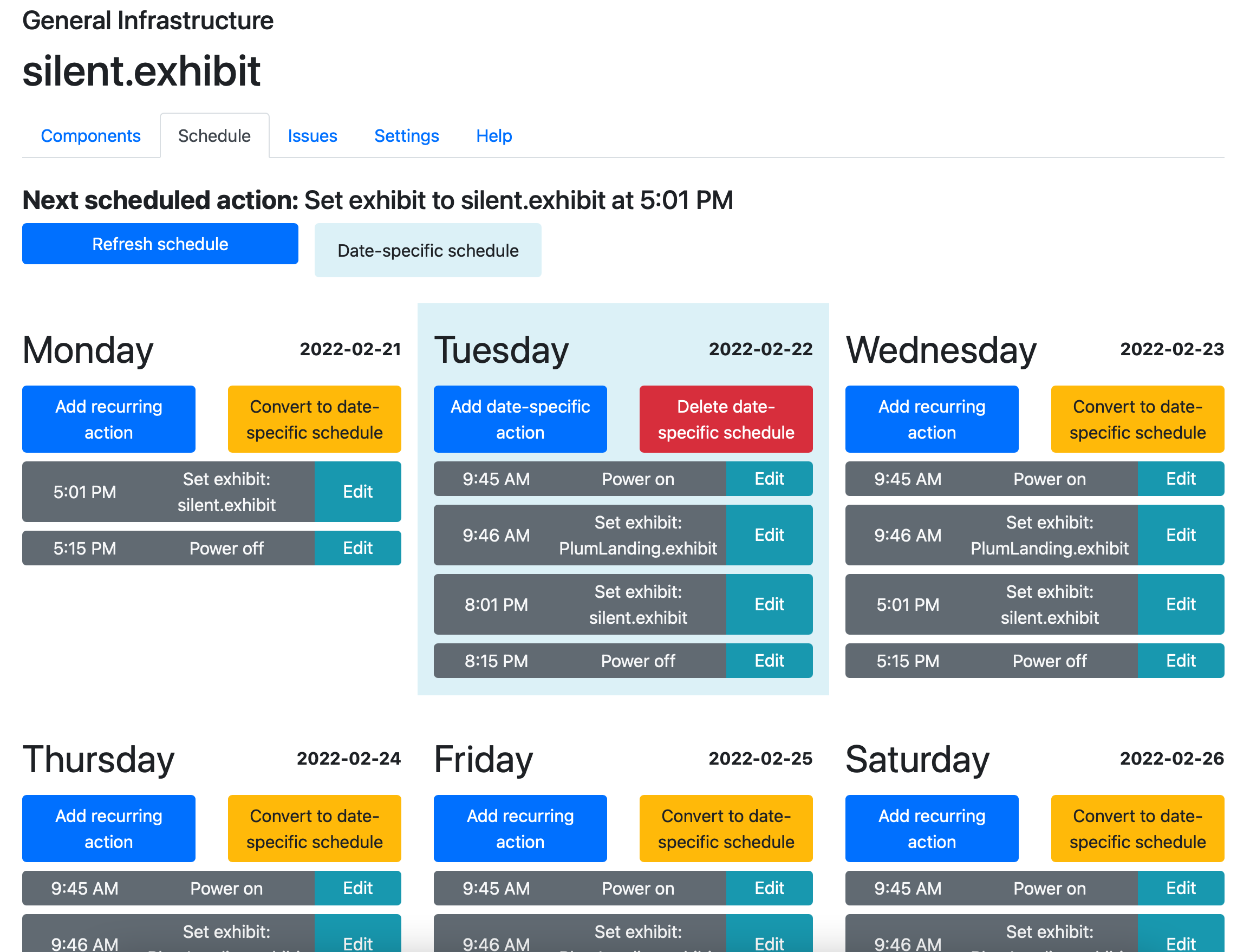 An image of the control server schedule view.